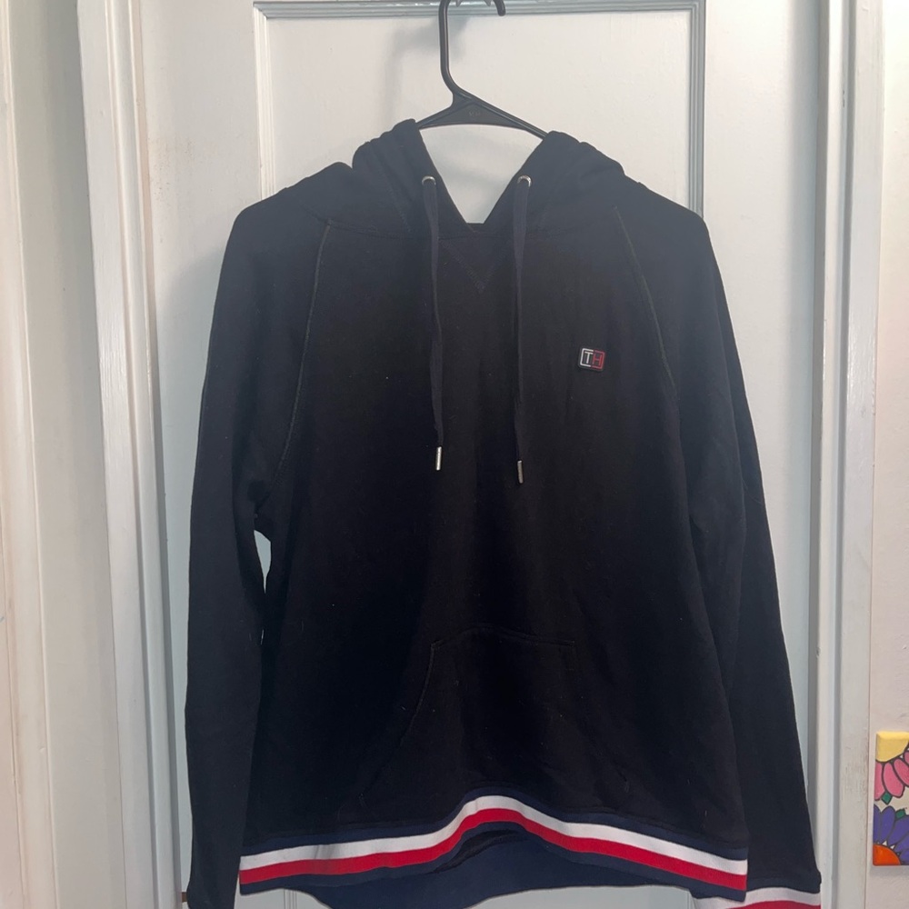 Tommy Hilfiger Black Hoodie with Striped Hem